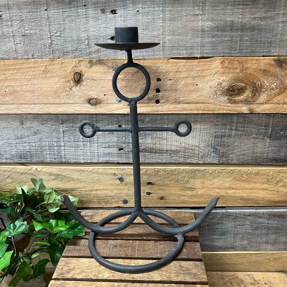 Rustic Wrought Iron Nautical Gray Anchor Tapered Candle Holder